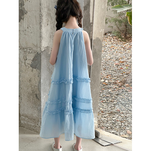 女童無袖連衣裙夏季2025新款兒童藍色公主裙韓版背心裙高級感裙子