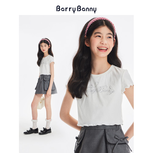 BarryBanny女童萊賽爾亮鑽短袖T恤夏季新款兒童洋氣百搭短款上衣