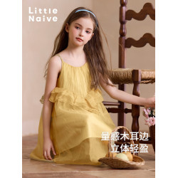 Little Naive女童連衣裙夏季新款光澤側花瓣裙子兒童蓬蓬吊帶裙