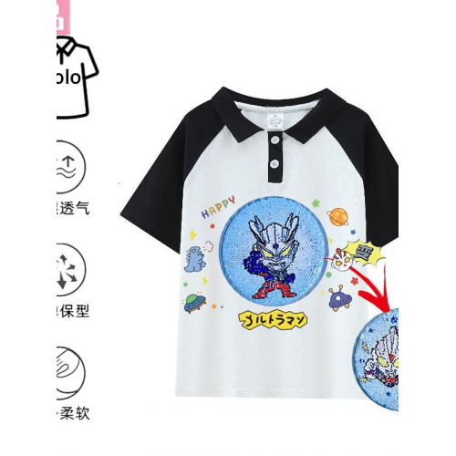 高品質POLO領噹季新品變臉純棉T恤網紅亮片兒童短袖男童撞色上衣