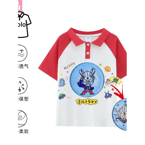 高品質POLO領噹季新品變臉純棉T恤網紅亮片兒童短袖男童撞色上衣