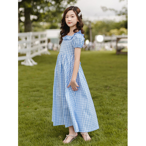 女童連衣裙2025夏裝新款兒童女孩洋氣裙子中大童時髦休閒格子裙潮