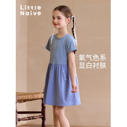 Little Naive女童連衣裙夏季新款圓領A擺拼接裙子兒童涼感短袖裙