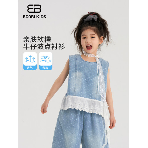 bcobi/不可比喻童裝女童襯衫夏款2025新韓版波點牛仔襯衣夏款套裝