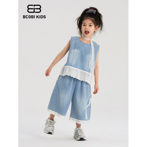 bcobi/不可比喻童裝女童襯衫夏款2025新韓版波點牛仔襯衣夏款套裝