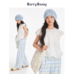 BarryBanny女童蕾絲短袖2025夏季新款兒童小飛袖T恤洋氣寬松上衣