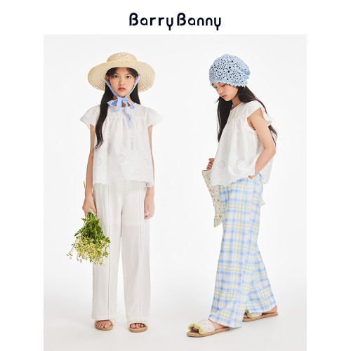 BarryBanny女童蕾絲短袖2025夏季新款兒童小飛袖T恤洋氣寬松上衣