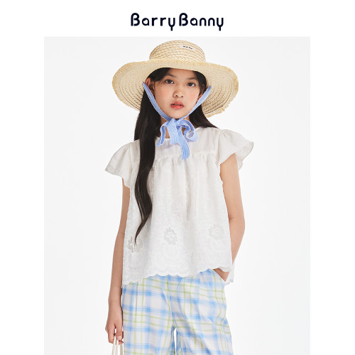 BarryBanny女童蕾絲短袖2025夏季新款兒童小飛袖T恤洋氣寬松上衣