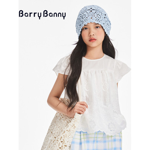 BarryBanny女童蕾絲短袖2025夏季新款兒童小飛袖T恤洋氣寬松上衣