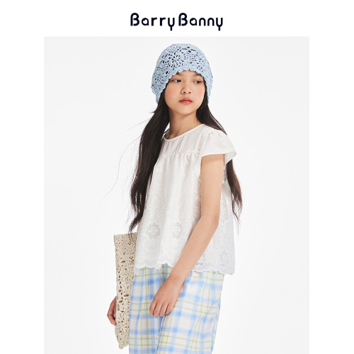 BarryBanny女童蕾絲短袖2025夏季新款兒童小飛袖T恤洋氣寬松上衣