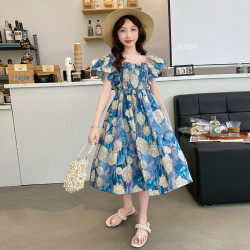 女童連衣裙夏季新款大兒童油畫風公主裙女孩洋氣中長款碎花裙子夏