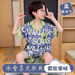 男童睡衣夏季薄款冰絲短袖套裝兒童男孩卡通大童青少年家居服涼爽