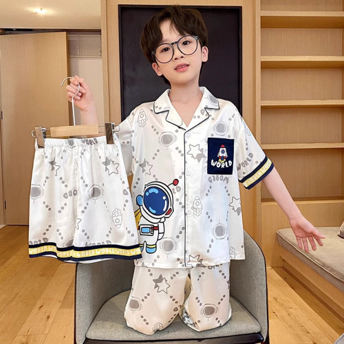 男童睡衣夏季薄款冰絲短袖套裝兒童男孩卡通大童青少年家居服涼爽