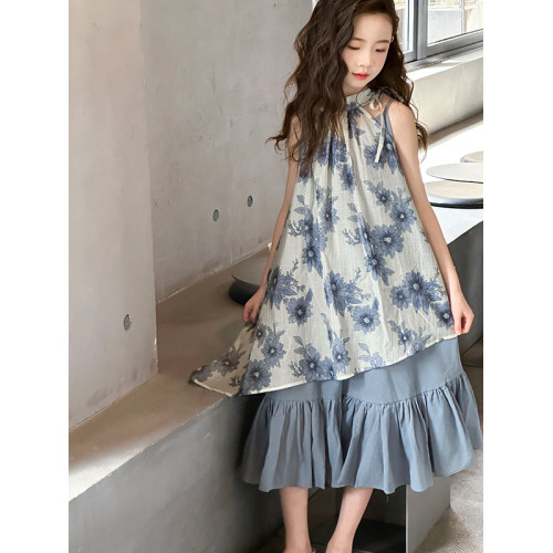 女童雪紡連衣裙夏裝2025新款中大童掛脖碎花裙子吊帶裝兩件套長裙