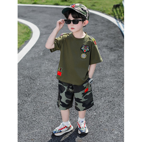 香港BAKUXIA男童短袖迷彩套裝夏裝中大兒童夏令營軍訓衣服兩件套