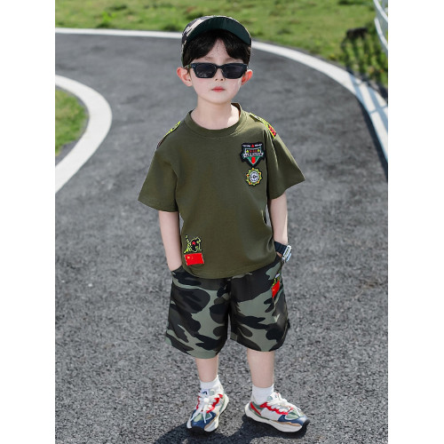 香港BAKUXIA男童短袖迷彩套裝夏裝中大兒童夏令營軍訓衣服兩件套