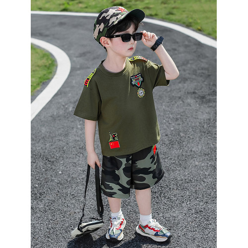 香港BAKUXIA男童短袖迷彩套裝夏裝中大兒童夏令營軍訓衣服兩件套