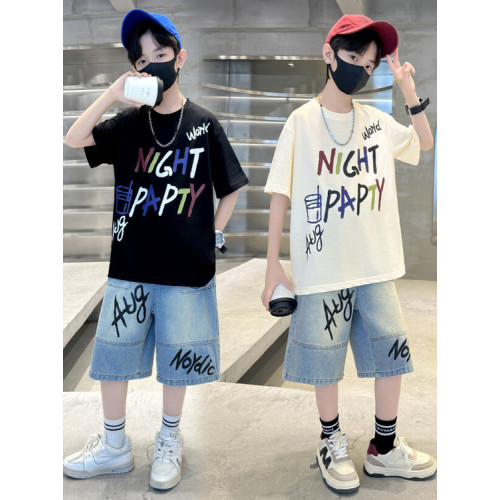 男童套裝夏裝薄款2025新款中大童6男孩牛仔短褲字母印花T恤兩件套