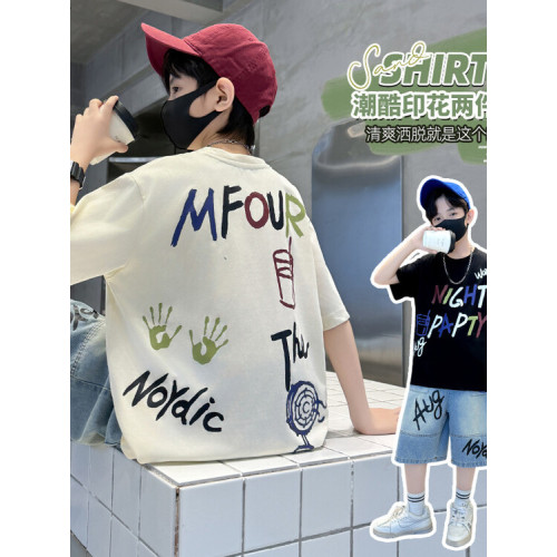 男童套裝夏裝薄款2025新款中大童6男孩牛仔短褲字母印花T恤兩件套
