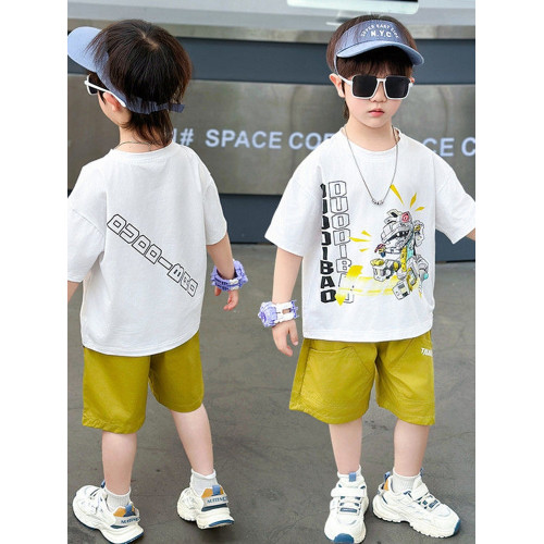 安哼安哼機器恐龍印花男童短袖套裝韓版夏季卡通動漫男寶夏季兩半