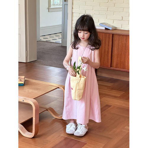 女童連衣裙2025夏韓版兒童無袖純色公主裙小女孩設計感棉布度假裙