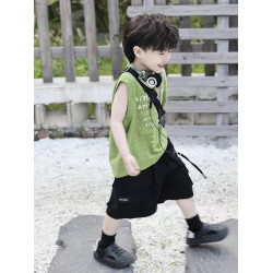 安哼安哼兒童背心套裝2025夏季新款男童綠色背心無袖休閒百搭工裝