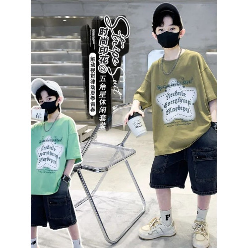 男童夏裝套裝中大童2025新款男孩洋氣韓版短袖牛仔褲運動兩a0331
