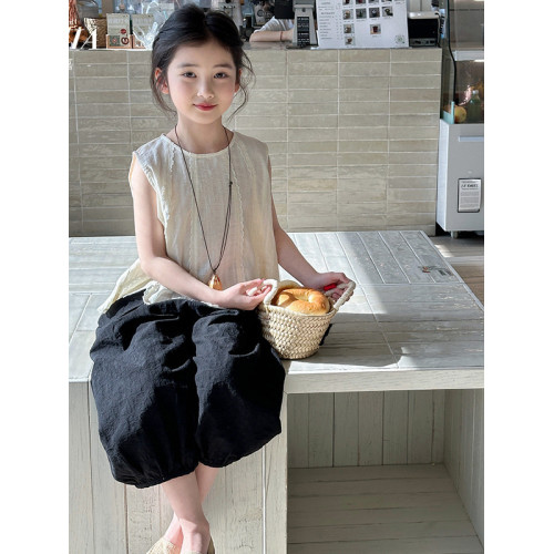 女童無袖T恤2025夏季新款洋氣甜美小女孩娃娃衫兒童梭織提花上衣