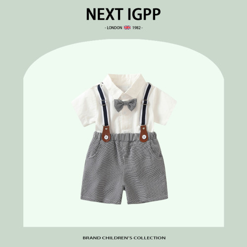 英國NEXT IGPP男童紳士禮服套裝夏季新款短袖白色襯衫背帶褲套裝