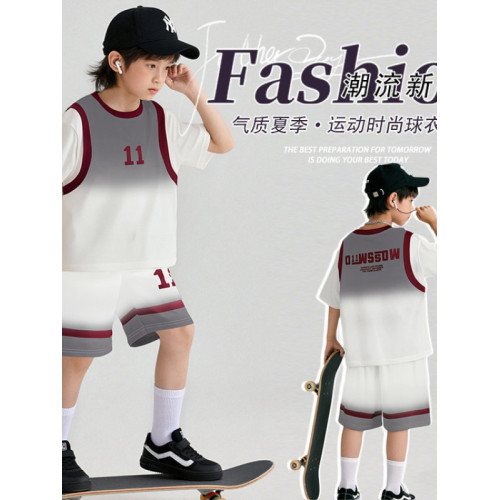男童套裝夏裝2025新款中大童薄款籃球服夏季男孩寬松漸變兩件套潮