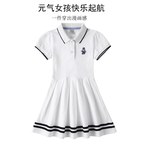 女童連衣裙純棉夏裝兒童POLO裙子學院風夏季童裝短袖女孩公主裙