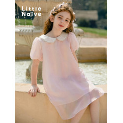 Little Naive 連衣裙兒童夏季珍珠領甜美裙子女童娃娃領公主裙