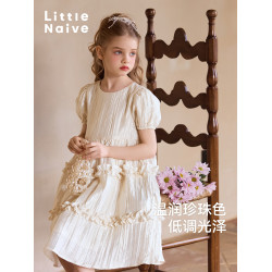 Little Naive女童連衣裙春夏新款光澤壓皺高級感公主裙兒童禮服裙