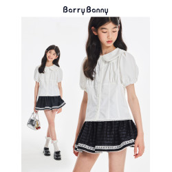 BarryBanny女童中大童襯衫2025夏季新款兒童短袖泡泡袖白上衣T恤