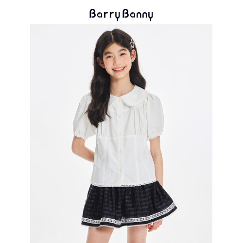 BarryBanny女童中大童襯衫2025夏季新款兒童短袖泡泡袖白上衣T恤