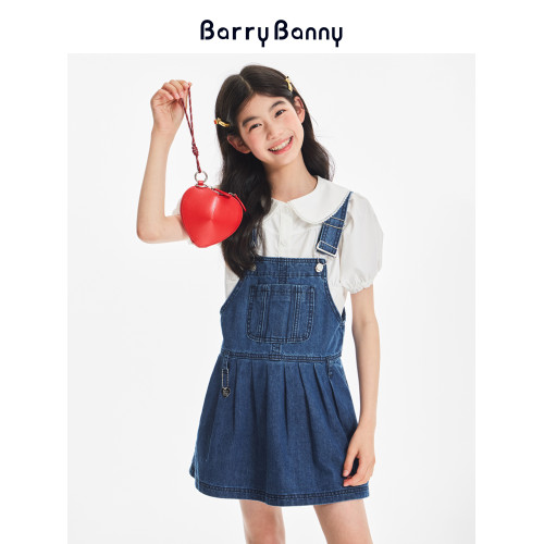 BarryBanny女童中大童襯衫2025夏季新款兒童短袖泡泡袖白上衣T恤