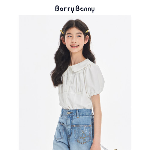 BarryBanny女童中大童襯衫2025夏季新款兒童短袖泡泡袖白上衣T恤