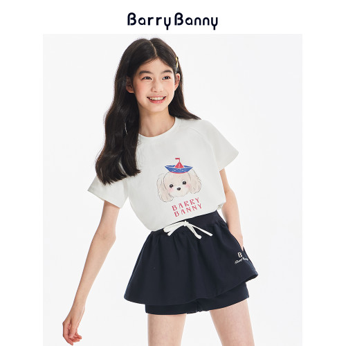 BarryBanny女童短袖T恤2025夏季新款兒童白色小狗印花圓領上衣女