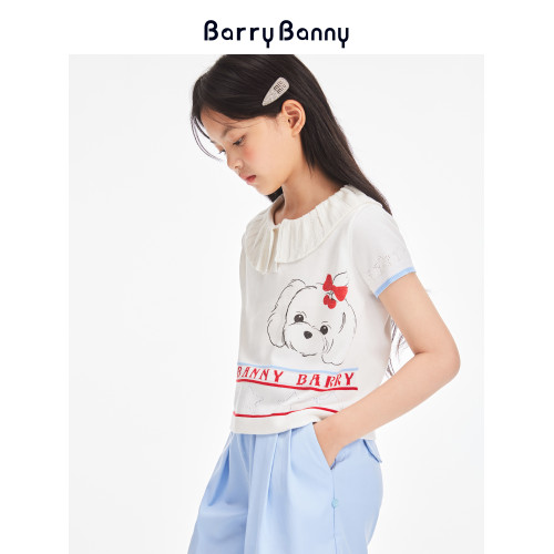 BarryBanny女童冰絲短袖T恤夏季新款中大童俏皮透氣抗皺圓領上衣