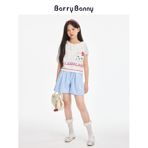BarryBanny女童冰絲短袖T恤夏季新款中大童俏皮透氣抗皺圓領上衣