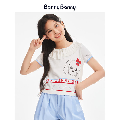 BarryBanny女童冰絲短袖T恤夏季新款中大童俏皮透氣抗皺圓領上衣
