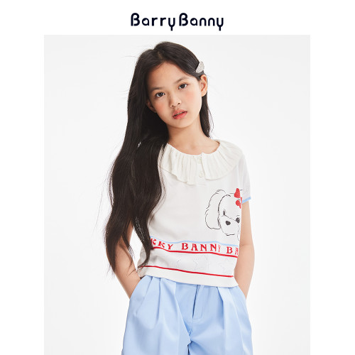 BarryBanny女童冰絲短袖T恤夏季新款中大童俏皮透氣抗皺圓領上衣