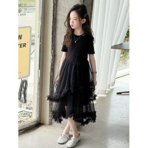 黑色連衣裙夏季女大童2025新款女童長裙學生網紗兒童裙子女孩夏裝