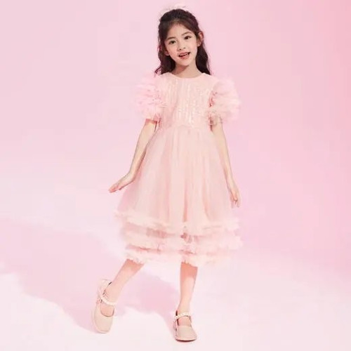 A011笛家童裝女童2025年夏兒童泡泡袖漸變公主禮服裙
