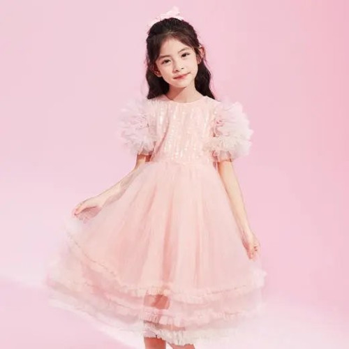 A011笛家童裝女童2025年夏兒童泡泡袖漸變公主禮服裙