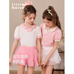 Little Naive兒童娃娃領T恤夏季新款撞色甜美polo衫女童涼感上衣