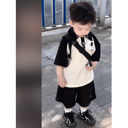 男童夏季POLO衫套裝2025新款中小童時尚短袖休閒五分褲拼色兩件套