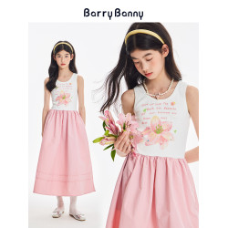 BarryBanny女童百合花連衣裙夏款中大童背心裙清新涼感公主中長裙