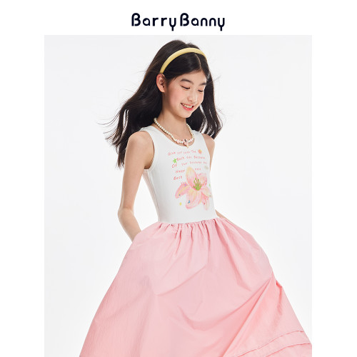 BarryBanny女童百合花連衣裙夏款中大童背心裙清新涼感公主中長裙