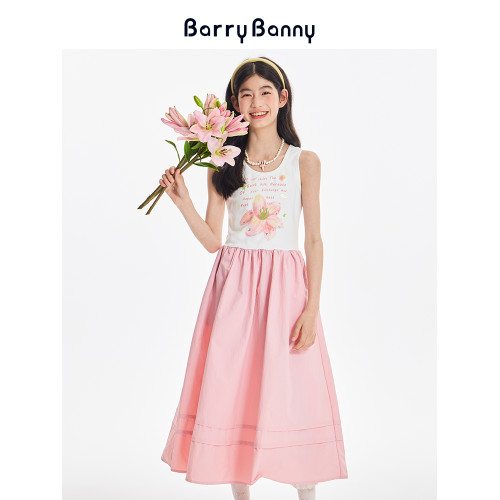 BarryBanny女童百合花連衣裙夏款中大童背心裙清新涼感公主中長裙